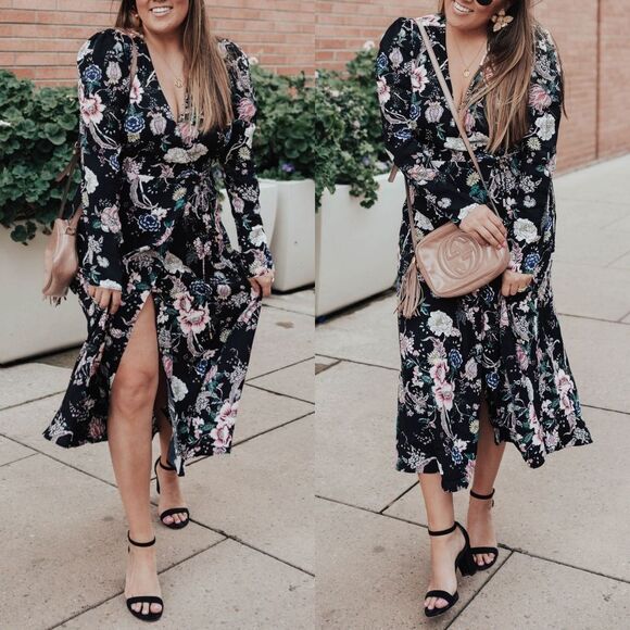 🆕️ AFRM Caley Wrap Long Sleeve Midi Dress in Pink Floral Print - Picture 1 of 13